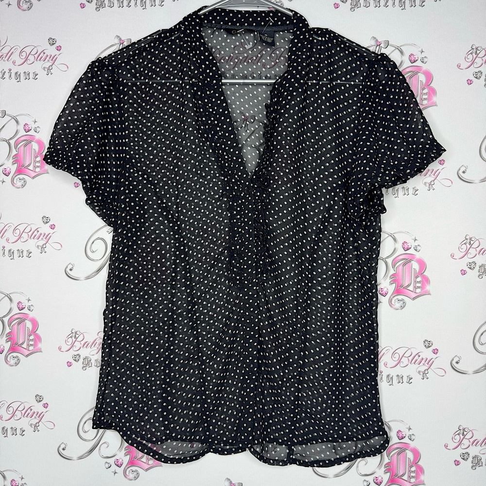 GNW shirt button up mesh polka dot milkmaid ruffle style black white dotted cute